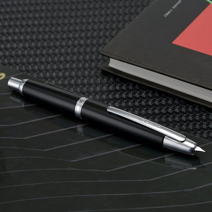 Jinhao 10 Press Fountain Pen with Box, Piano Black Retractable Medium Nib with Ink Converter Set (Silver Clip)
