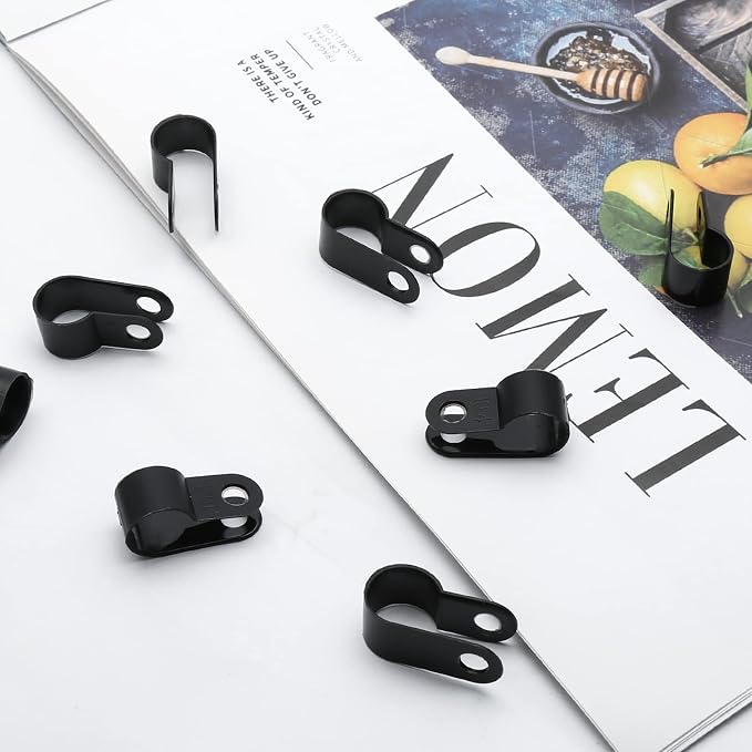 60pcs 3/8 Inch Nylon Cable Clamps, Black R-Type Wire Cable Clips | with M4 Screws, Screw Mounting Cord Fastener, Wire Conduit Clamp, for Wire Management