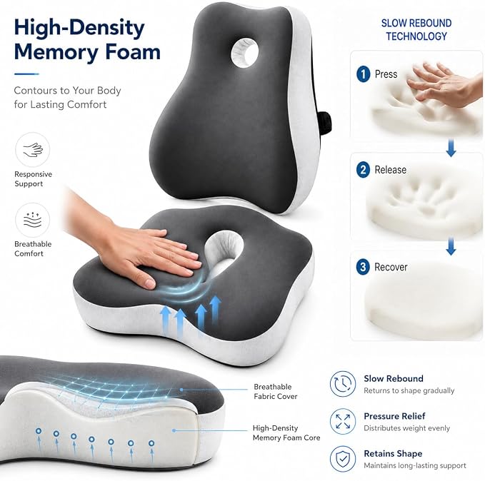 Ergonomic Memory Foam Seat Cushion & Lumbar Support Pillow Set, Coccyx Cushion for Tailbone Pressure Relief, Sciatica Relief & Lower Back Support, Office Chair, Gaming Chair, Car Seat, Wheelchair
