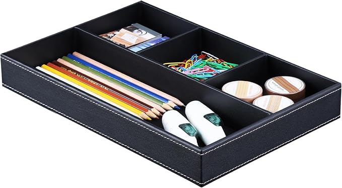 Pu Leather Desk Organizer Tray, 4 Compartment Office Storage Supplies Stationery Drawer Tray, Nightstand Bedside Tray for Key, Wallet, Sunglass, Watch, Coin, Phone Valet Tray Stackable Black