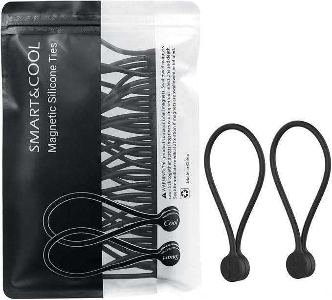 SMART&COOL Reusable Silicone Magnetic Cable Ties, Black, 20-Pack | Bundling and Organizing, Holding Stuff, Book Markers, Fridge Magnets