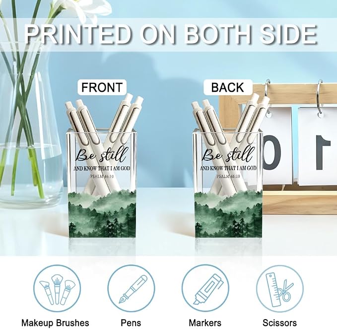 Be Still And Know That I Am God Acrylic Pencil Holder Cup, Christian Pen Holder for Desk, Christian Gifts for Women Girls, Bible Verses Clear Cosmetic Holder for Home Office Desk Accessories