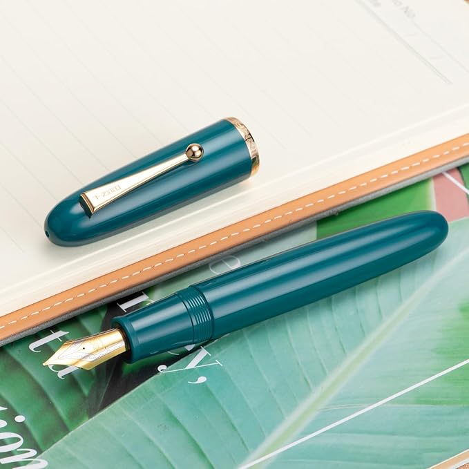 Jinhao 9019 Fountain Pen Dadao Series Lake Blue Acrylic Gold Trim #8 Extra Fine Point with Large Converter for Writing, Signature and Art Drawing