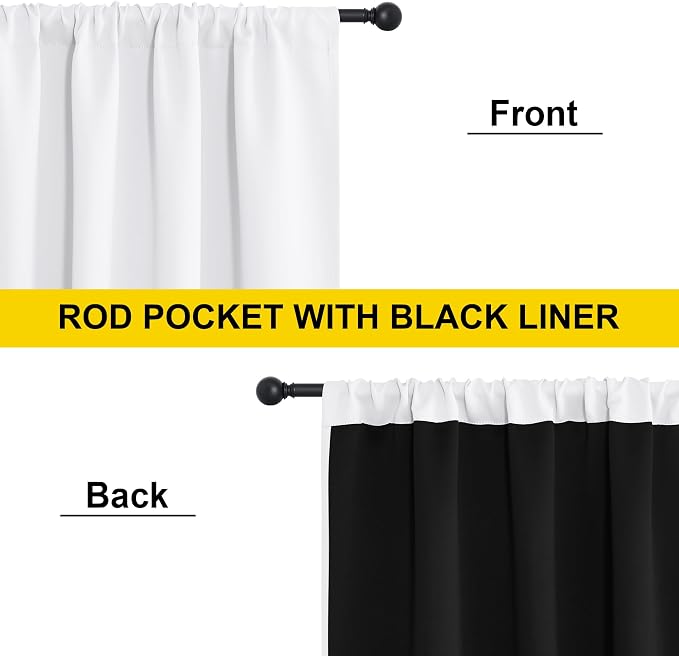 NICETOWN 100% Blackout Curtain Panels, Rod Pocket Window Curtains with Black Liner for Nursery, 84 inches Drop Cold and Full Light Blocking Draperies (White, 2 Pieces, 52 inches Wide Each Panel)