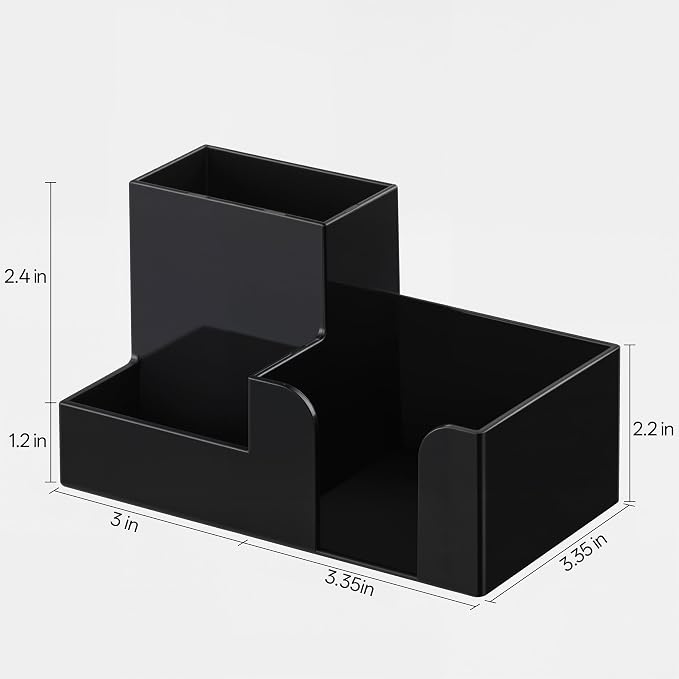 HBlife Acrylic Pen Holder for Desk, 3-Compartment Small Desk Organizer, Black Office Supplies Desk Accessories with Sticky Notes Holder Stores Post It Notes 3X3 for Office, Home and School