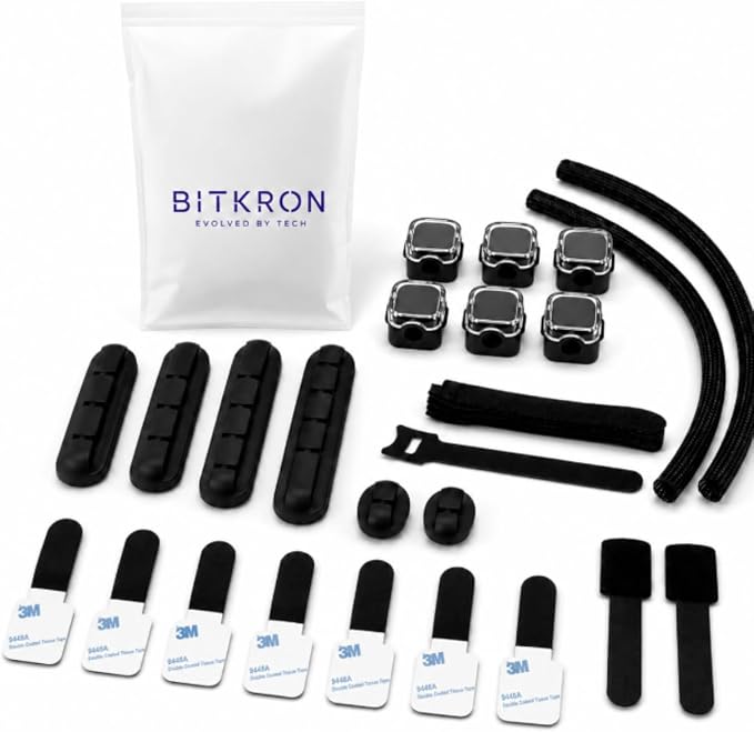 Cable Management Kit for Desk, 34-Piece, Black, Magnetic Organizer, Silicone Clips, Velcro Straps, Sleeve Wrap, Adhesive Cord Holders Office, Home & Gaming Setup cord organizer