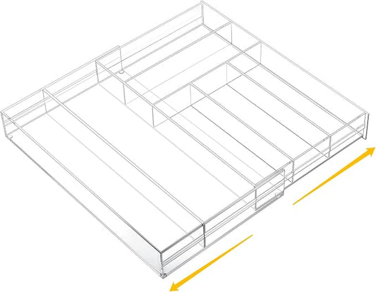 Briwooody 1 Pcs Acrylic Desk Drawer Organizer 9'' up to 18'' x 15'' x 2.1'' Expandable Drawer Organizer Trays with 7 Adjustable Compartments Clear Desk Accessories for Makeup Office Bathroom