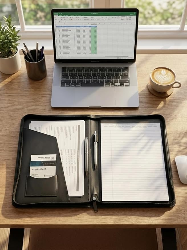 OOWOLF Professional PU Leather Zippered Portfolio with Included Letter Size Notepad, Business Padfolio & Document Organizer for Men & Women, Sleek Resume Folder for Interviews & Office, Black