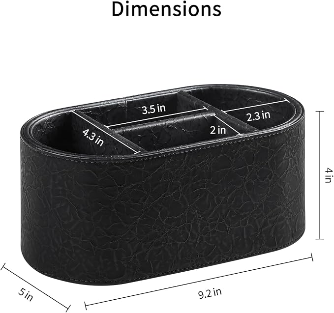 Oval Remote Control Holder, 4-Compartment Desk Nightstand Organizer | Crinkled Finish PU Leather Desk Organizer, Waterproof Desk Caddy for Remote Controls, Makeups, Pens & Office Supplies