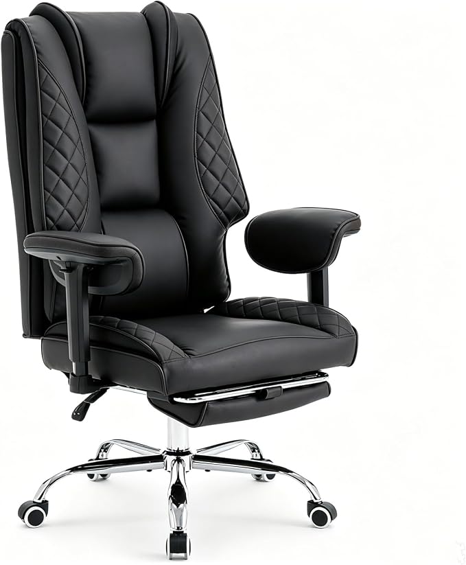 Big and Tall Office Chair Heavy Duty Wide Executive Office Chair (Black) | Breathable Leather，Double-layered Backrest，Seat Cushion Designed of Deluxe Embroidery Leather，Foot Rest, Adjustable Armrests