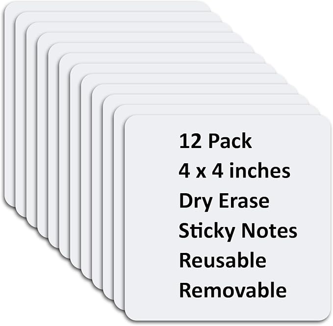 SVNOOC Multi-Use Dry Erase Sticky Notes, Reusable Labels Stickers for Wall Desk Fridge Office Classroom Home All Purpose Use, Removable, White (4 * 4 inches) 12 Pack