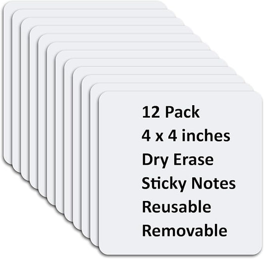 SVNOOC Multi-Use Dry Erase Sticky Notes, Reusable Labels Stickers for Wall Desk Fridge Office Classroom Home All Purpose Use, Removable, White (4 * 4 inches) 12 Pack