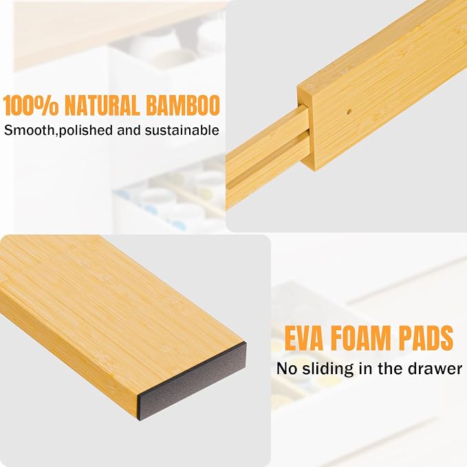 BAMBUROBA Bamboo Drawer Dividers, Adjustable Organizer for Kitchen & Bedroom, Expandable 17-22" Drawer Separators, 4-Pack