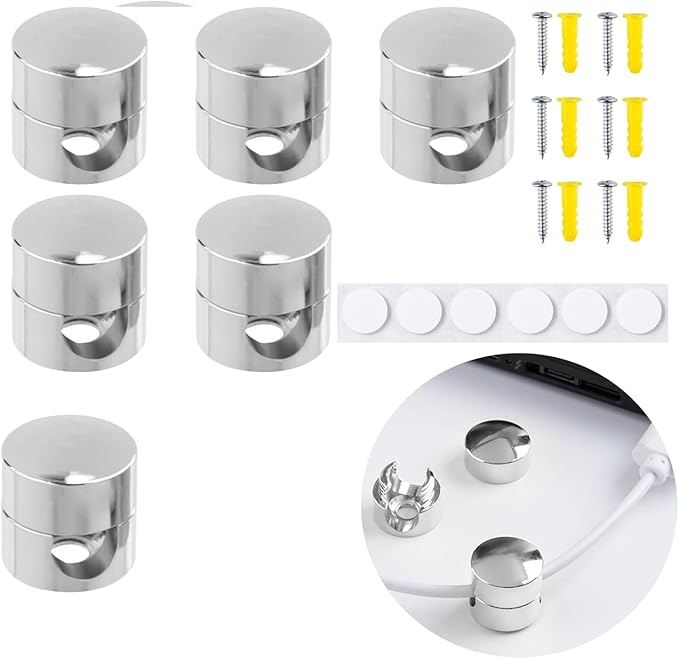 6 Sets Charger Cord Holder Stick on, Silver Metal Adhesive Cable Management Clips,Adjustable Phone Cable Anchor Holders,Wire Organizer for Desk, Wall, Home, Office, nightstand, Dresser, Chandelier