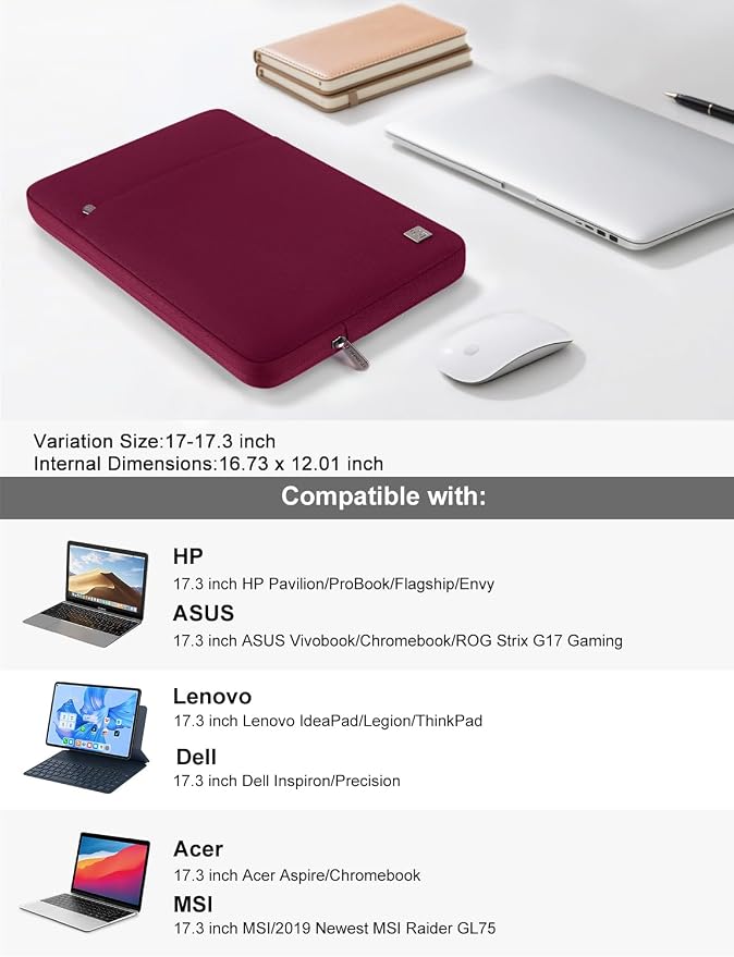 DOMISO 17 inch Laptop Sleeve Case Notebook Bag Protective Carrying Handbag for 17.3" Notebook/Dell Inspiron/MSI GS73VR Stealth Pro/IdeaPad 300 320 321/HP Envy/LG Gram 17"/ASUS ROG Strix GL702VS, Wine