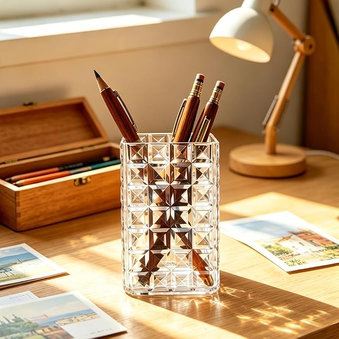 Lebenrich Acrylic Pen Holder Pencil Cup for Desk, 2 Pack Clear Makeup Brush Holder for Vanity, Cute Desk Organizer Office Supplies Accessories Container for Marker Bookmark Straw Coffee Stirrer