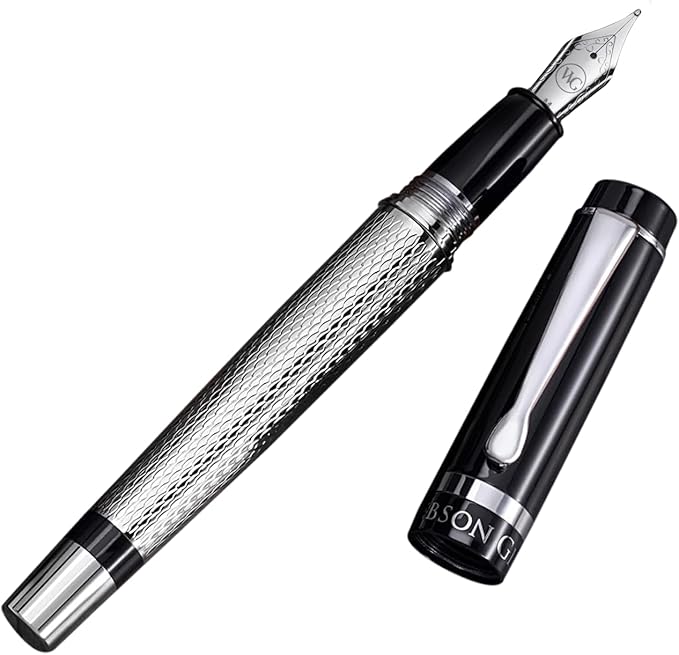 ‘The Raider’ Silver Luxury Executive Fountain Pen, Polished Chrome and Lacquer, Stainless Steel Nib, Easy Refill Ink Piston Converter, Smudge Free, No Bleed, Fits Our Instant Insert Ink Cartridges