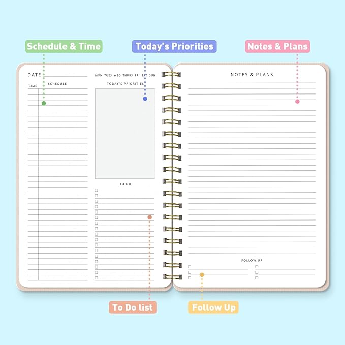 Sweetzer & Orange Daily Planner Notebook – Undated Two-Page Daily Layout with Hourly Schedule, To-Do List, Priorities, and Notes – 6.5" x 9.5" Spiral Bound Productivity Organizer – 160 Pages