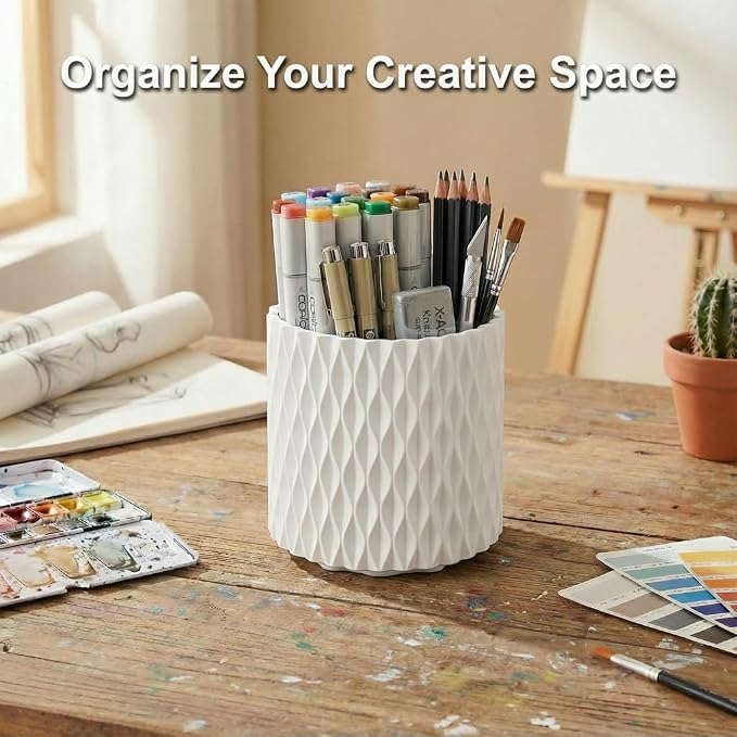 White Pen Holder for Desk, 360° Rotating Pencil Organizer, 5 Slots | Spinning multi-use organizer holds pens, makeup brushes, art supplies & markers — desk caddy for office, classroom or vanity