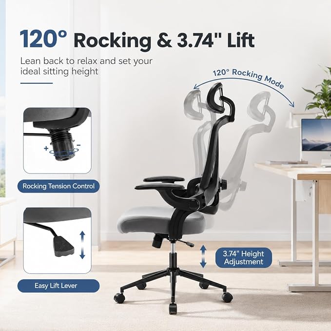 Ergonomic Office Chair, Home Office Desk Chairs with Adjustable Lumbar Support and Headrest, High Back Mesh Computer Desk Chair with 3D Flip-up Armrests & 360° Swivel Wheels, 275 LBS