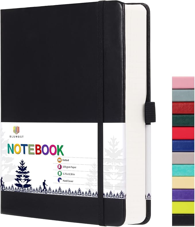 Bullet Dotted Journal Notebook - A5 Dot Grid Notebook with 280 Pages,100gsm Thick Dotted Paper,Leather Hardcover Dotted Journal for Women Men,5.75'' × 8.38''-Black