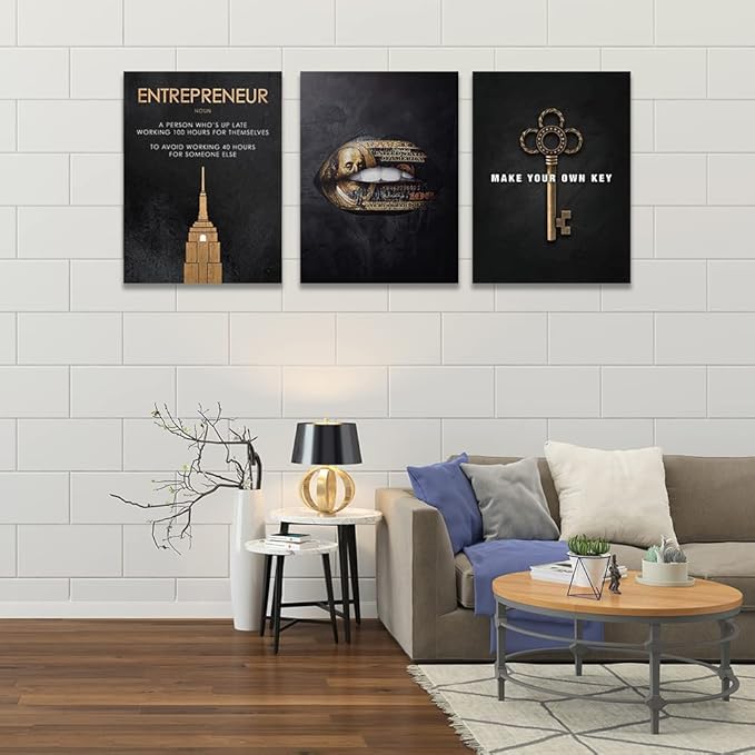 Halioyo Motivational Wall Art Canvas Prints, 3 Panel Entrepreneur Office Wall Art with Inspirational Quotes, Positive Saying Painting Posters for Living Room Bedroom(16x24inch), Ready to Hang