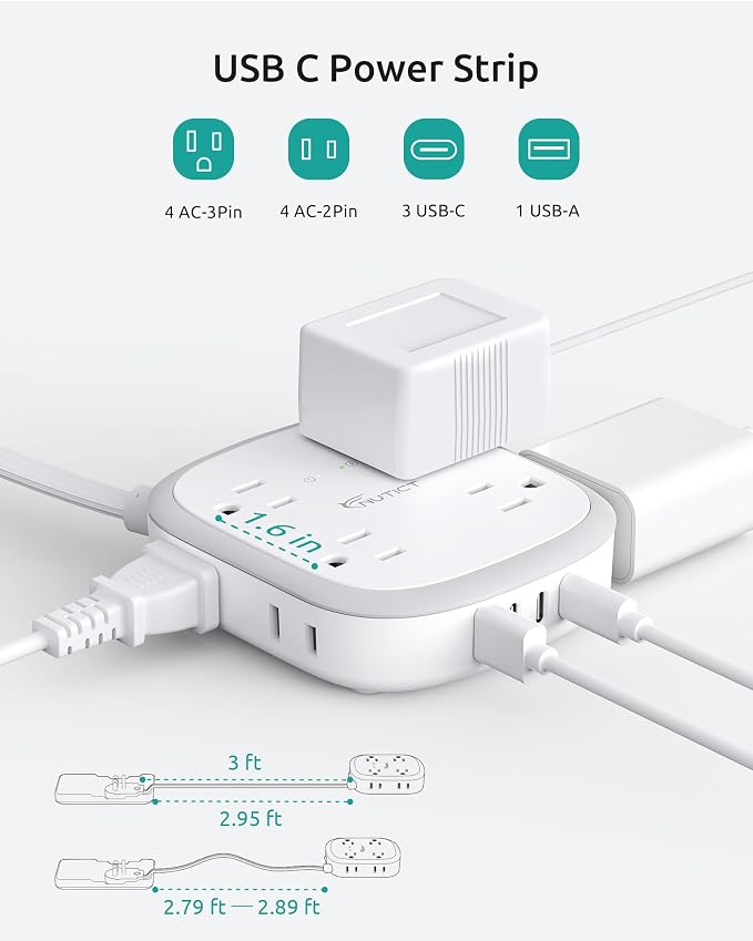 NUTICT Outlet Cover Extension Cord, Flat Plug Power Strip 3ft, 8 Outlets (4-2Pin)& 4 USB Ports (3 USB C), 13A/1625W, 1440J Surge Protector, Wall Mountable, Ideal for Home Improvement, Tight Spaces