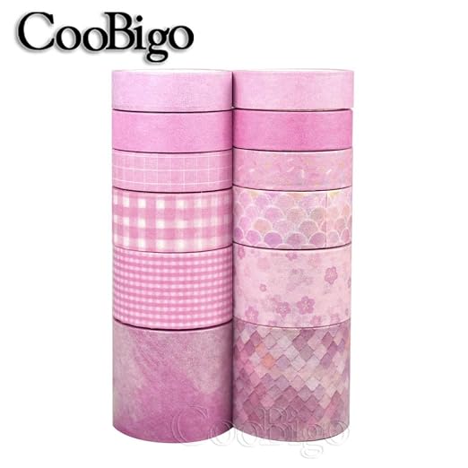 CooBigo Washi Tape Set, 12 Rolls 4 Size Decorative Masking Washi Tapes for Craft, Scrapbook, DIY, Planners, Gift Wrapping (Cherry Blossom Party)