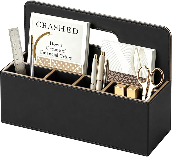 Mail Organizer Countertop, Pencil Holder, Office Supplies File Bill Sorter | PU Leather Modern 5-Slot Workspace Storage box,Remote Caddy for Stationery,Glasses,Letter,Pen,Desk Accessories, Home Decor