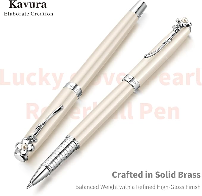 Four-Leaf Clover & Pearl Rollerball Pen – Elegant Brass Pen Gift Set for Women, Jewelry-Inspired Design, Glossy Finish, German Refill, Good Luck Gift for Her, New Job & Graduation (Pearl White)