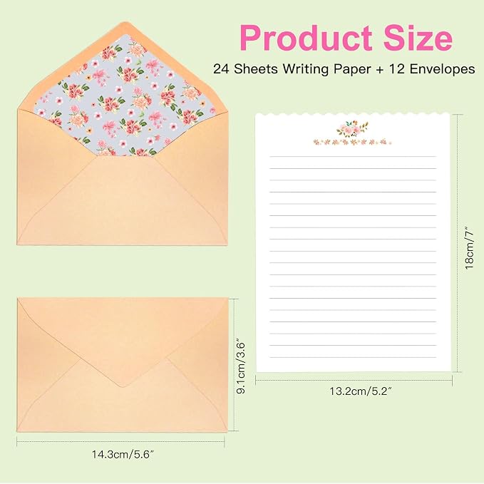 KSIWRE Stationary Paper and Envelopes Set, 24 PCS Writing Stationery Paper with 12 PCS Envelopes, Warm Floral Themed Envelope and Stationery Design for Invitations Gift Decorations Holiday Party