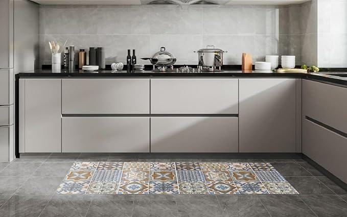 J&V TEXTILES Anti Fatigue Kitchen Runner Mat- 20" x 55" Oversized Long Non Slip PVC Rubber Kitchen Area Rug- Cushioned Comfort Mat with Foam Backing for Office Standing Desk [Brown Tiile]