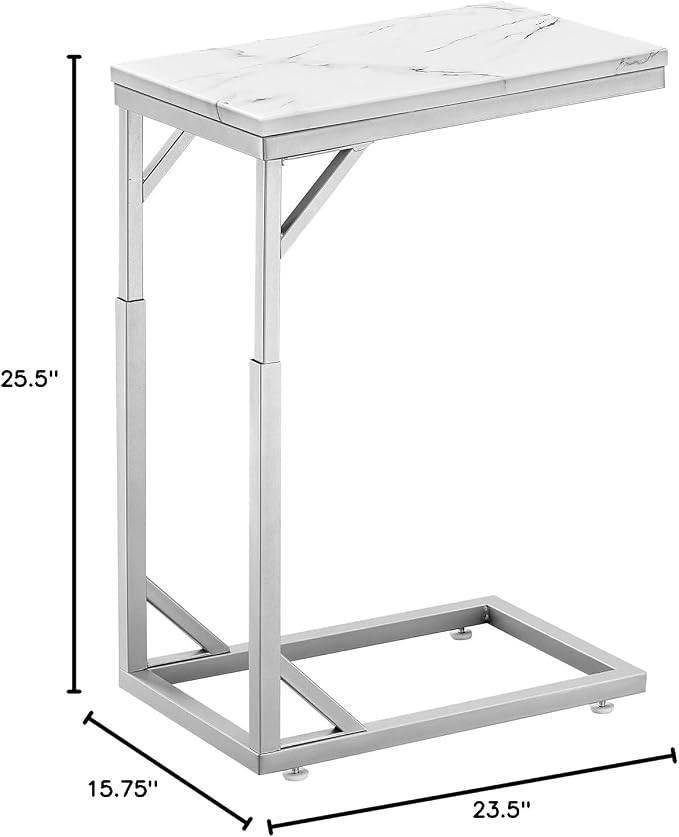 C-Shaped End Table, Small Sofa Table with Metal Frame, Adjustable Height Side Table for Couch, Living Room, Bedroom, Bedside (Silver, Large)