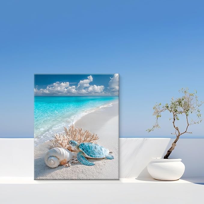 Coastal Beach Wall Art, Ocean Sea Turtle Seashell Coral Wall Decor, Turquoise Water Sand Seascape Painting, Beach Coastal Print for Bathroom Bedroom Living Room 8x10 Canvas Framed