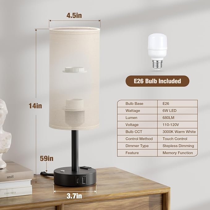 Touch Bedside Table Lamp with Memory - Stepless Dimmable Lamp for Bedroom, Small Nightstand Lamp with Dual USB Charging Ports and AC Outlet, Wood Night Light, Desk Lamp for Nursery (Beige & Black)