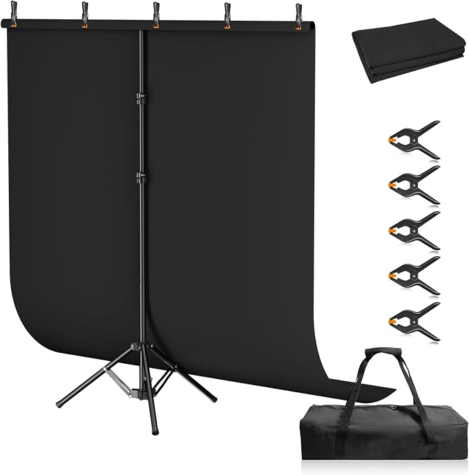 Black Backdrop Kit, 5×7ft Portable Black Photo Background with Adjustable T-Shaped Stand, 5 Clamps, Carrying Bag for Parties, Streaming, Photography, Zoom, Gaming, Video Studio