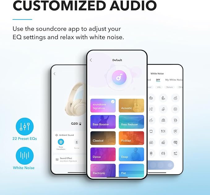 Soundcore by Anker Q20i Hybrid Active Noise Cancelling Headphones, Wireless Over-Ear Bluetooth, 40H Long ANC Playtime, Hi-Res Audio, Big Bass, Customize via an App, Transparency Mode (White)
