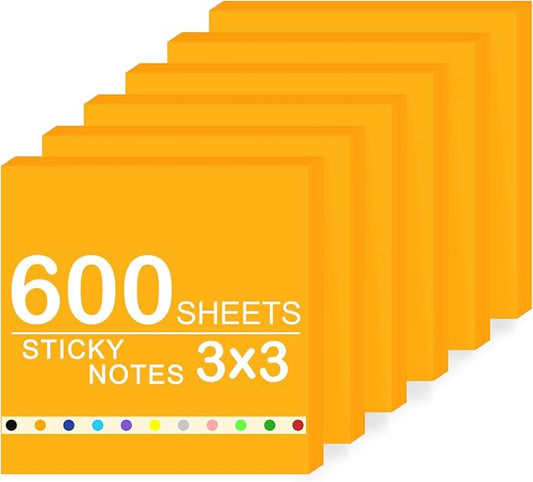 Super Sticky Notes,6 Pads Self-Stick Note Pads 3 x 3 in,600 Sheets Total Sticky Notepad Bulk Post,Office Supplies,School Supplies,Christmas Decor (Golden Yellow, 6 Pads Sticky Notes 3x3)