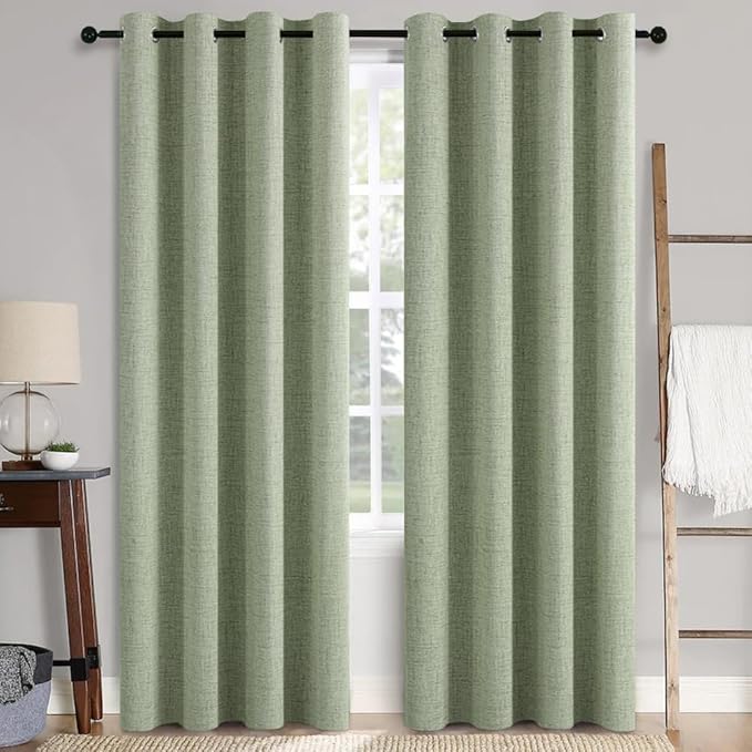 MIULEE Linen Texture Curtains for Bedroom Solid 100% Blackout Thermal Insulated Sage Green Curtains Grommet Room Darkening Drapes for Living Room 52x72 Inch (2 Panels)