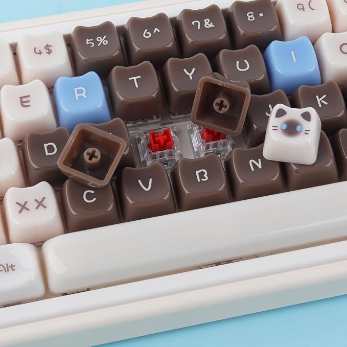 Sunzit Cute Cat Keycaps-Mao Profile,148 Keys Brown Siamese Cat Custom Keycaps 60 65 75 100 Percent,Cute Key caps Keyboard Keycap Set for MX Switches Mechanical Keyboard