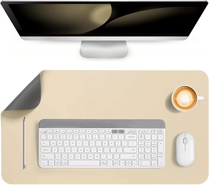 Dual Sided Desk Pad Faux Leather Desk Mat Large Mouse Pad | Desk Pad Protector Non-Slip Waterproof Desk Mouse Pad for Writing Desk, Office, Home(Gray Beige 23.6"X13")