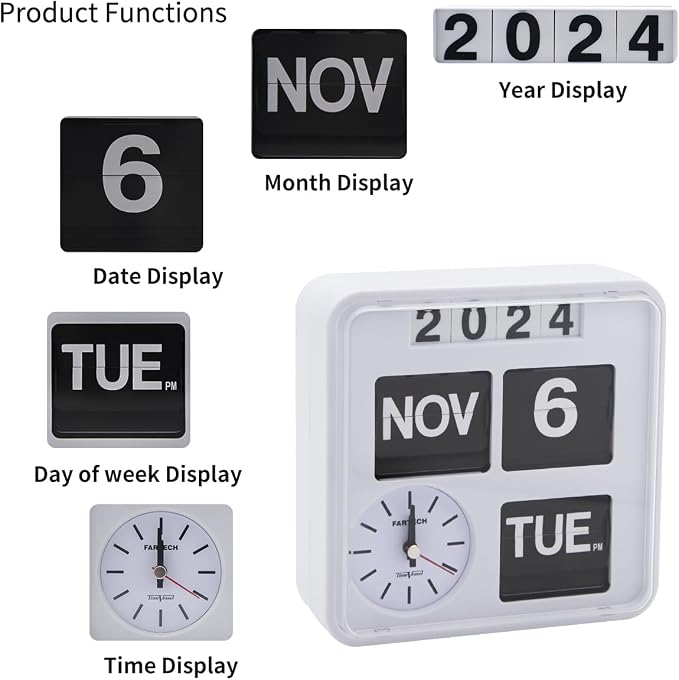 Retro Modern 9.45 Inches Calendar Day Date Flip Desk Wall Clock (Black)(No Battery Included) (Ivory)