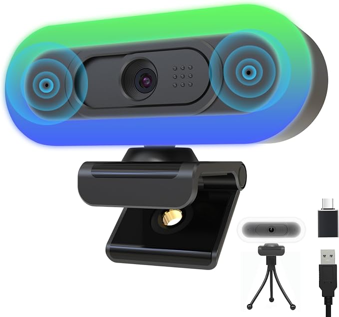 2K Webcam for PC with Microphone/Ring Light,USB C Computer Camera | Webcam with RGB/White Light/Cover,Autofocus,65°FOV, PC Web Camera for Desktop Computer Video Meeting/Gaming Streaming