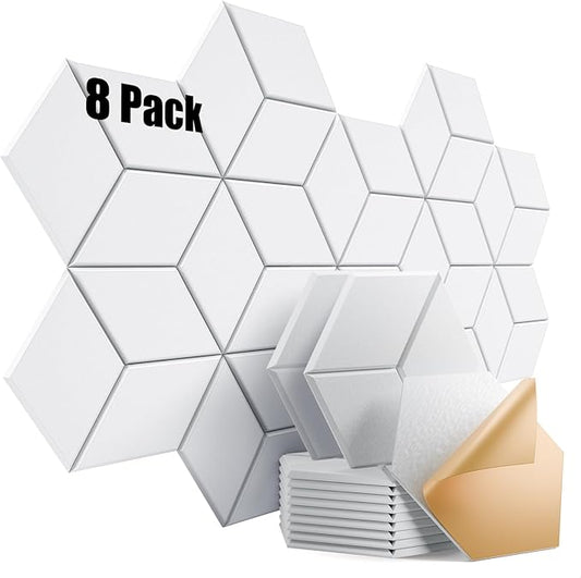 8 Pack Self-Adhesive Acoustic Panels 12" X 10" X 0.4" - Sound Proof Foam Panels for Walls with High Density, Y-Lined Design, Flame Resistant, Absorb Noise and Eliminate Echoes(White)