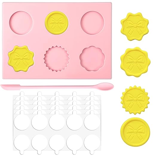 Wax Seal Mold Kit, 6-Cavity Wax Stamp Seal Mold for Making Envelopes and Invitation Letter, Waxs Stamp Molds, 50PCS Double Sided Adhesive Waxs Seals Stickers, Double-Ended Scraper