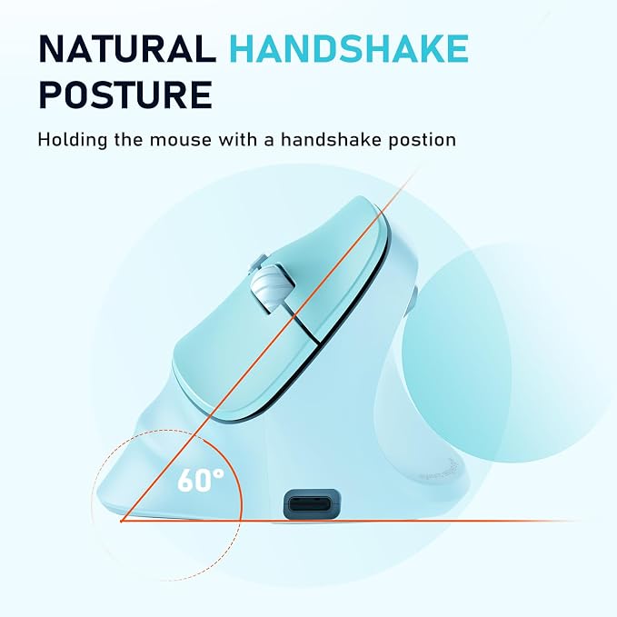 MEETION Ergonomic Mouse, Wireless Vertical Mouse RGB Backlit Rechargeable Mice for Bluetooth(5.2 + 3.0) & USB, 4 Adjustable DPI Mac/Windows/Andriod/PC/Tablet/iPad Blue