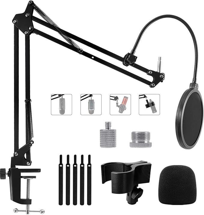 Mic Stand Boom Arm for Blue Yeti, Nano, HyperX QuadCast Snowball Fifine and More Mic, Adjustable Boom Arm Desk Microphone Stand with 3/8" to 5/8" 1/4" Screw, Pop Filter Mic Clip Cable Ties