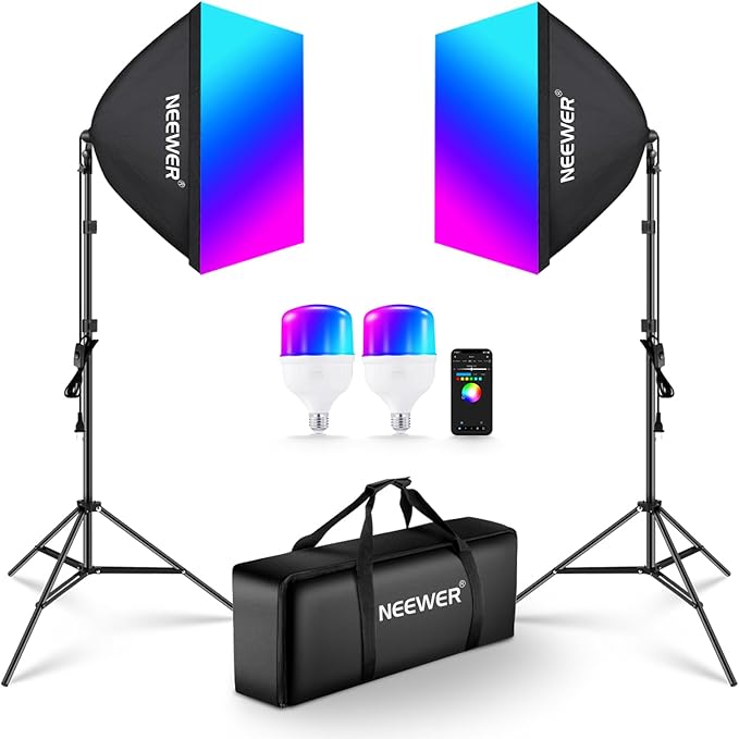 NEEWER 2 Pack 520W Equivalent RGB Softbox Lighting Kit with App Control & 9 Effects, 26W LED Bulbs CRI93+ TLCI98+, E26 Porcelain Sockets, 24" Softboxes for Studio Photography Lighting, NK800