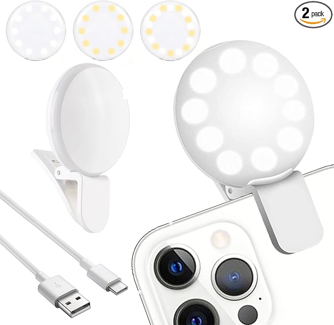 2Pcs Mini LED Ring Light, Rechargeable Small Clip On Selfie Light, Portable Adjustable 3 Brightness Lighting Modes Ring Lights for Phone, iPad, Tablet, Laptop, Tool for Tiktok Stuff