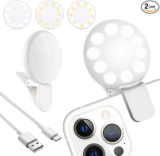 2Pcs Mini LED Ring Light, Rechargeable Small Clip On Selfie Light, Portable Adjustable 3 Brightness Lighting Modes Ring Lights for Phone, iPad, Tablet, Laptop, Tool for Tiktok Stuff